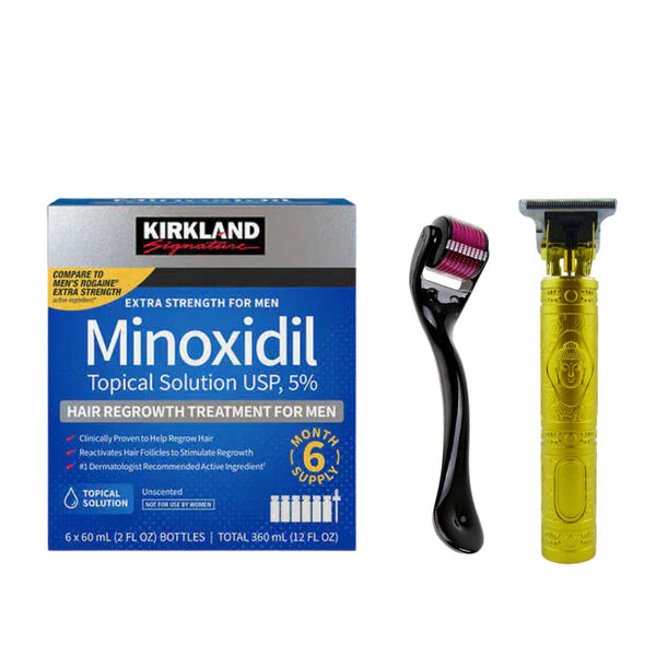 Minoxidil Kirkland 5% 6 Meses + Dermaroller y Máquina Trimmer T9/T10